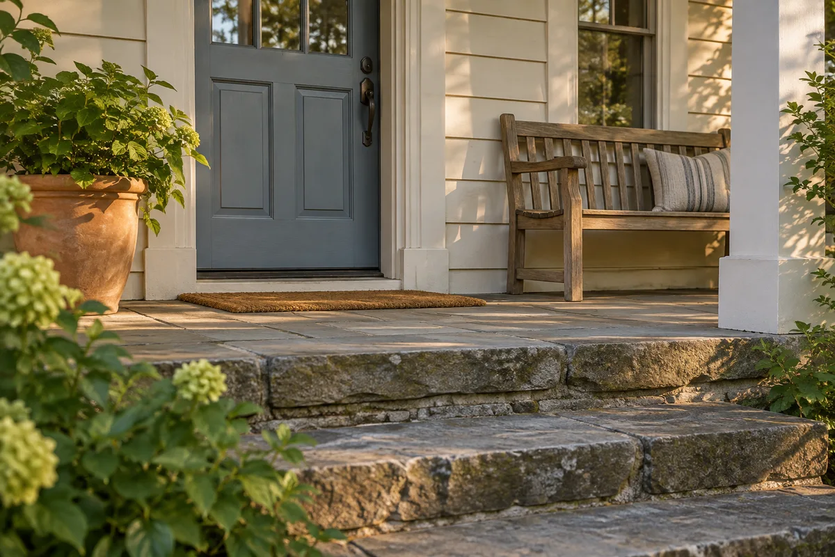 Illustrative home entrance with a blue door, stone steps and terracotta planting